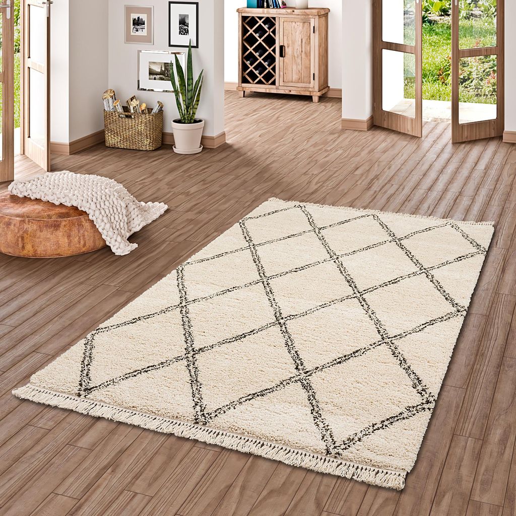 Hochflor Langflor Shaggy Teppich Boho Rauten Creme, Produktbild 
