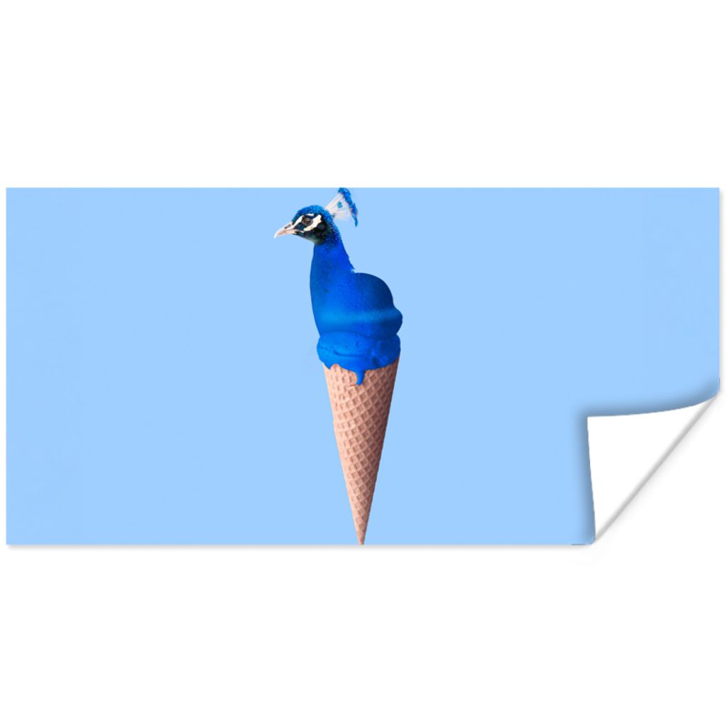 MuchoWow Poster Pfau - Eistüten - Eiscreme - Blau - Vogel 40x20 cm - Poster für die Wand - Poster Schlafzimmer