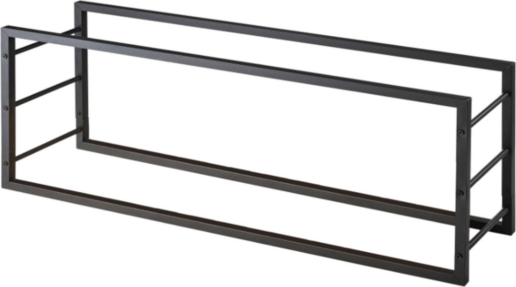 A black metal firewood rack is shown against a white background.