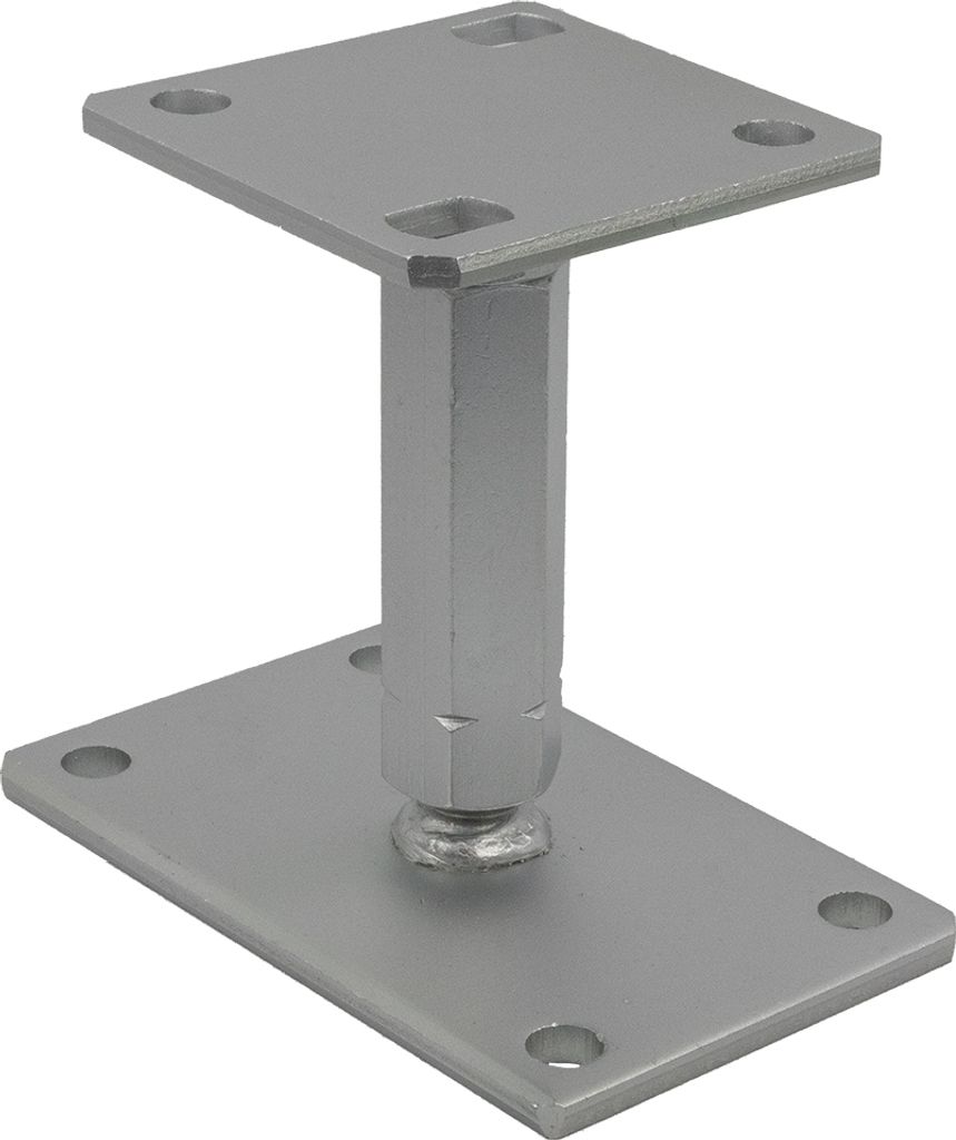 A silver metal post support bracket with a square base and a square top plate, connected by a hexagonal column. The bracket is shown against a white background.