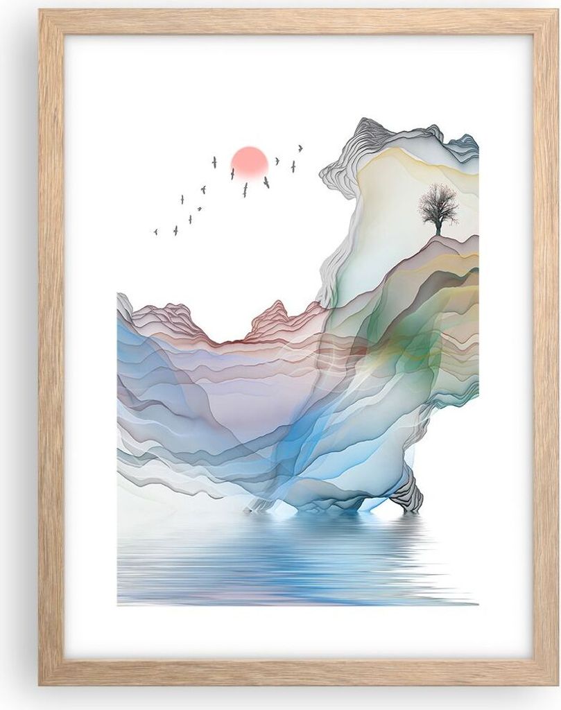 Gerahmtes Poster - Rahmen in heller Eiche - Wellen Berge Fee - 30x40 cm - Wand Bild - Wanddeko - Wandbilder - Kunstposter - Wandposter - Bilderrahm...