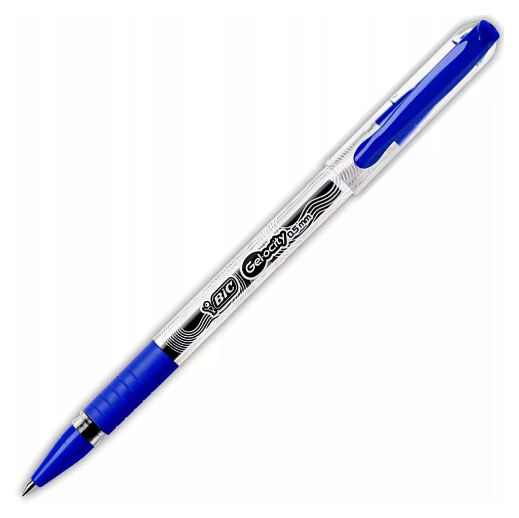 A single blue BIC Gel-ocity Stic Gel pen is shown against a white background.