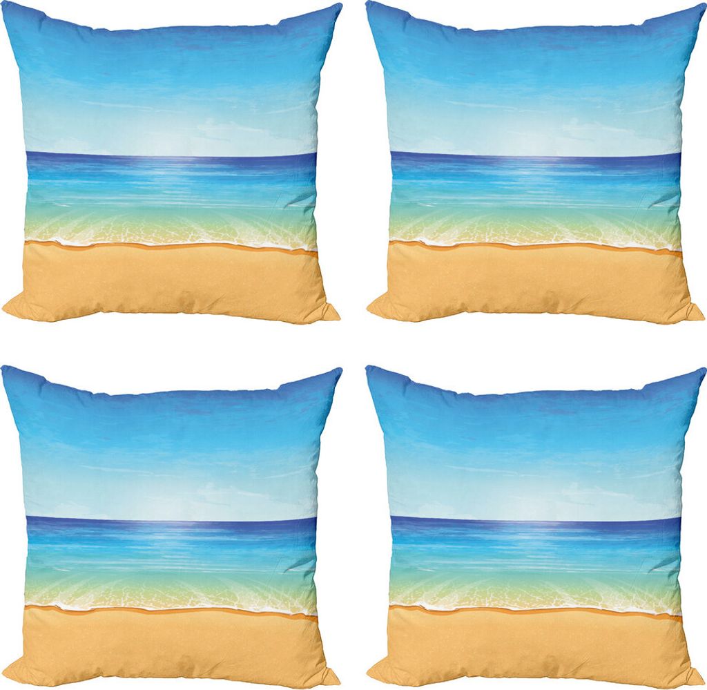 ABAKUHAUS Ozean Kissenbezug Set (4 Stück), Exotic Hot Sunny Natur, Moderner Doppelseitiger Digitaldruck, 45 cm x 45 cm, Creme Turquoise