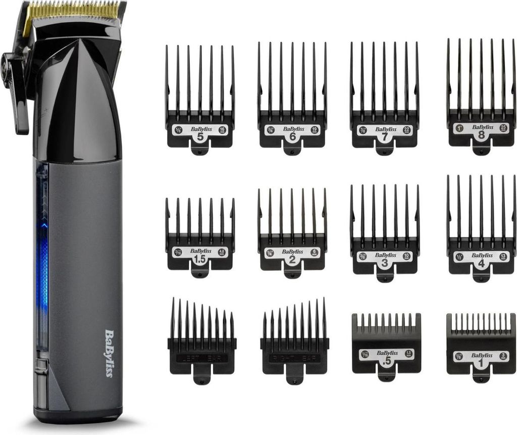 A hair clipper and its attachments are displayed on a white background.