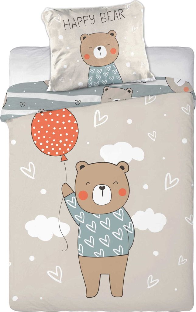 A children's bedding set featuring a teddy bear illustration.