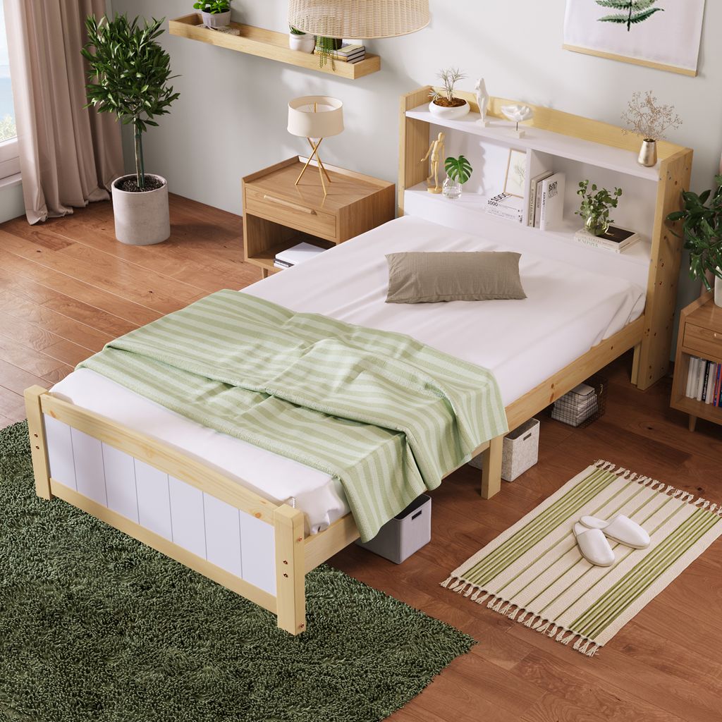 okwish Massivholz Einzelbett 90 x 200 cm Bettgestell mit Lattenrost Holzbett mit Kopfteil,Kinderbett Natürlich und Weiß (Ohne Matratze)