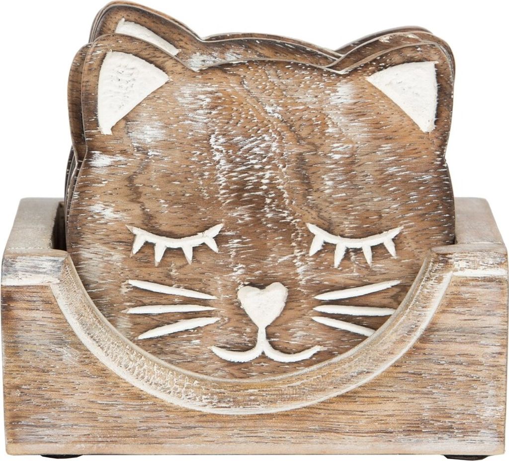 Wooden Carved Cat Coaster - Set of 6