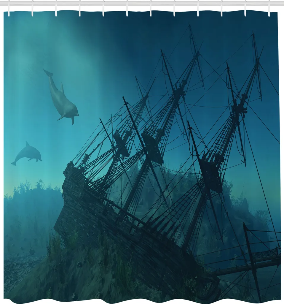 ABAKUHAUS Tenda da doccia nautica, delfini relitto affondato sott'acqua nave affondata immagine misteriosa, tessuto set decorativo per bagno con ganci, 175x240 cm, blu grigio azzurro