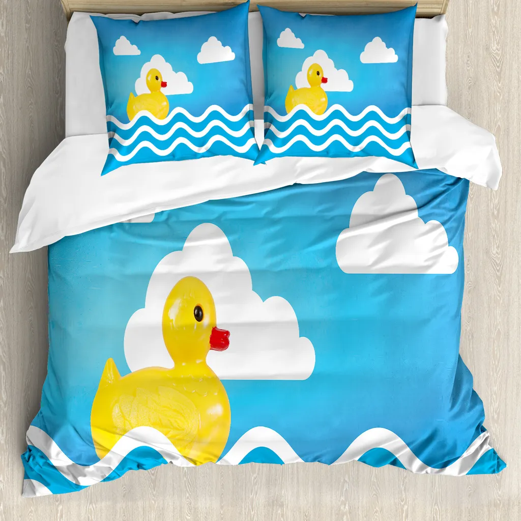 ABAKUHAUS Copripiumino con paperelle di gomma, Toy acqua increspata, antiacaro, adatto a chi soffre di allergie, con federe, 200 cm x 200 cm - 80 x 80 cm, giallo bianco blu