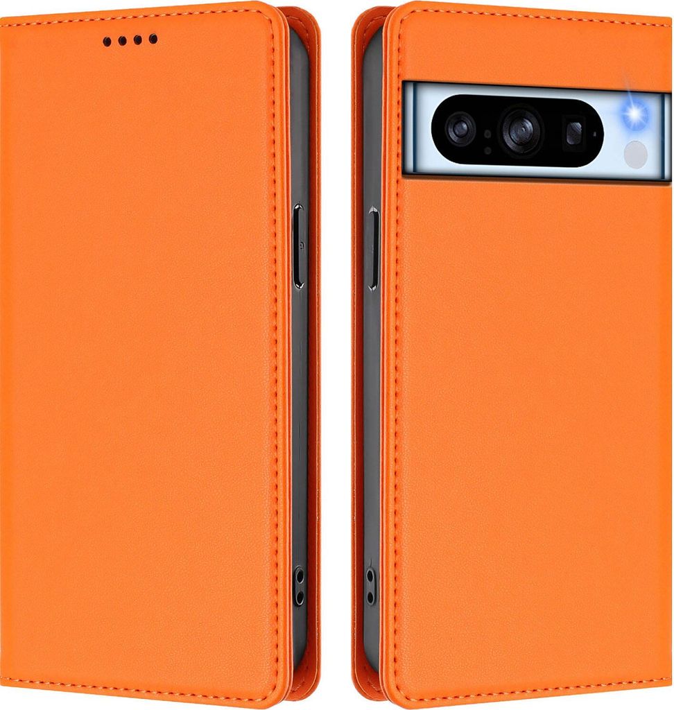 Handyhülle für Google Pixel 8 Pro, Kunstleder Klapphülle Stoßfeste Magnetische Hülle mit Ständer Orange