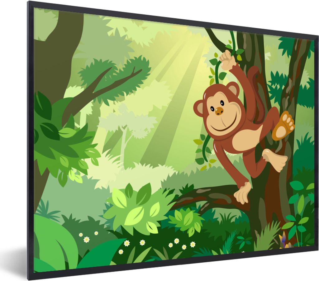 MuchoWow Gerahmtes Poster Affe - Dschungel - Jungen - Mädchen - Blumen - Kinder 40x30 cm - Poster mit Schwarzem Bilderrahmen Wandposter Rahmen F...
