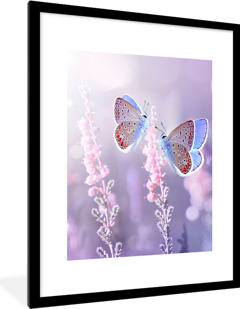 MuchoWow Gerahmtes Poster Schmetterling - Lavendel - Blumen - Lila 60x80 cm - Poster mit Schwarzem Bilderrahmen Wandposter Rahmen Foto Bilder - W...