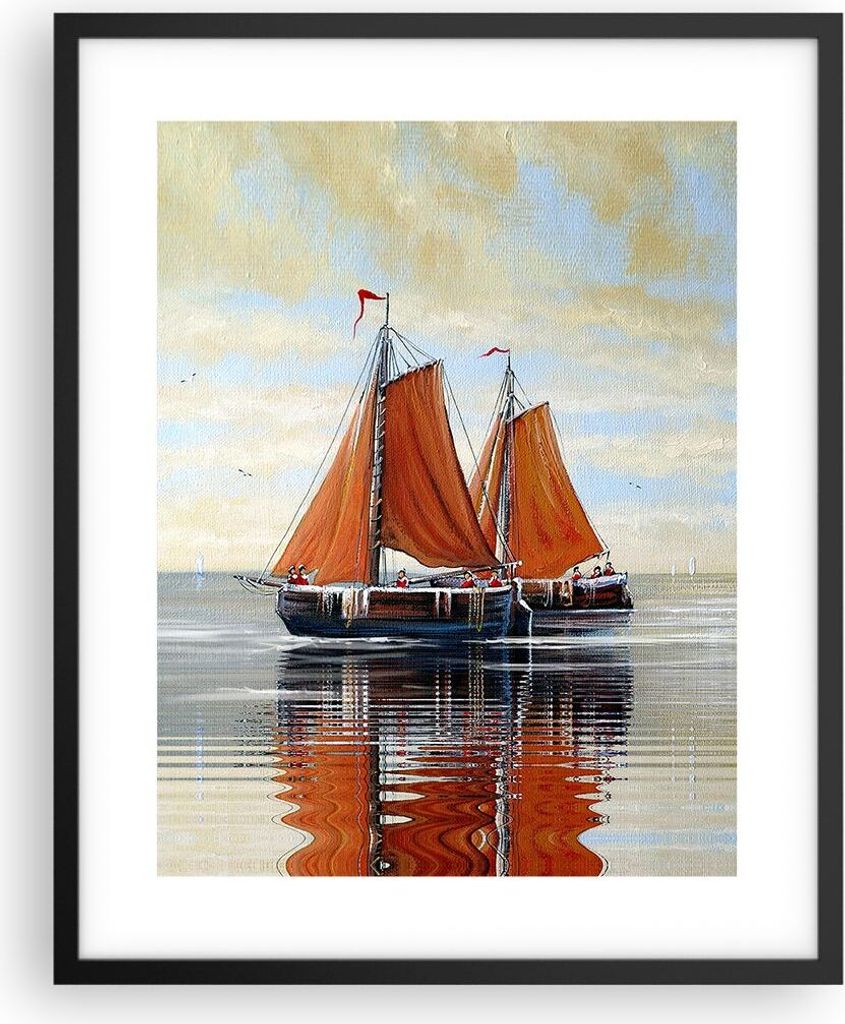 Gerahmtes Poster - Schwarzer Rahmen - Segelschiffe Öl Orange - 40x50 cm - Wand Bild - Wanddeko - Wandbilder - Kunstposter - Wandposter - Bilderrah...