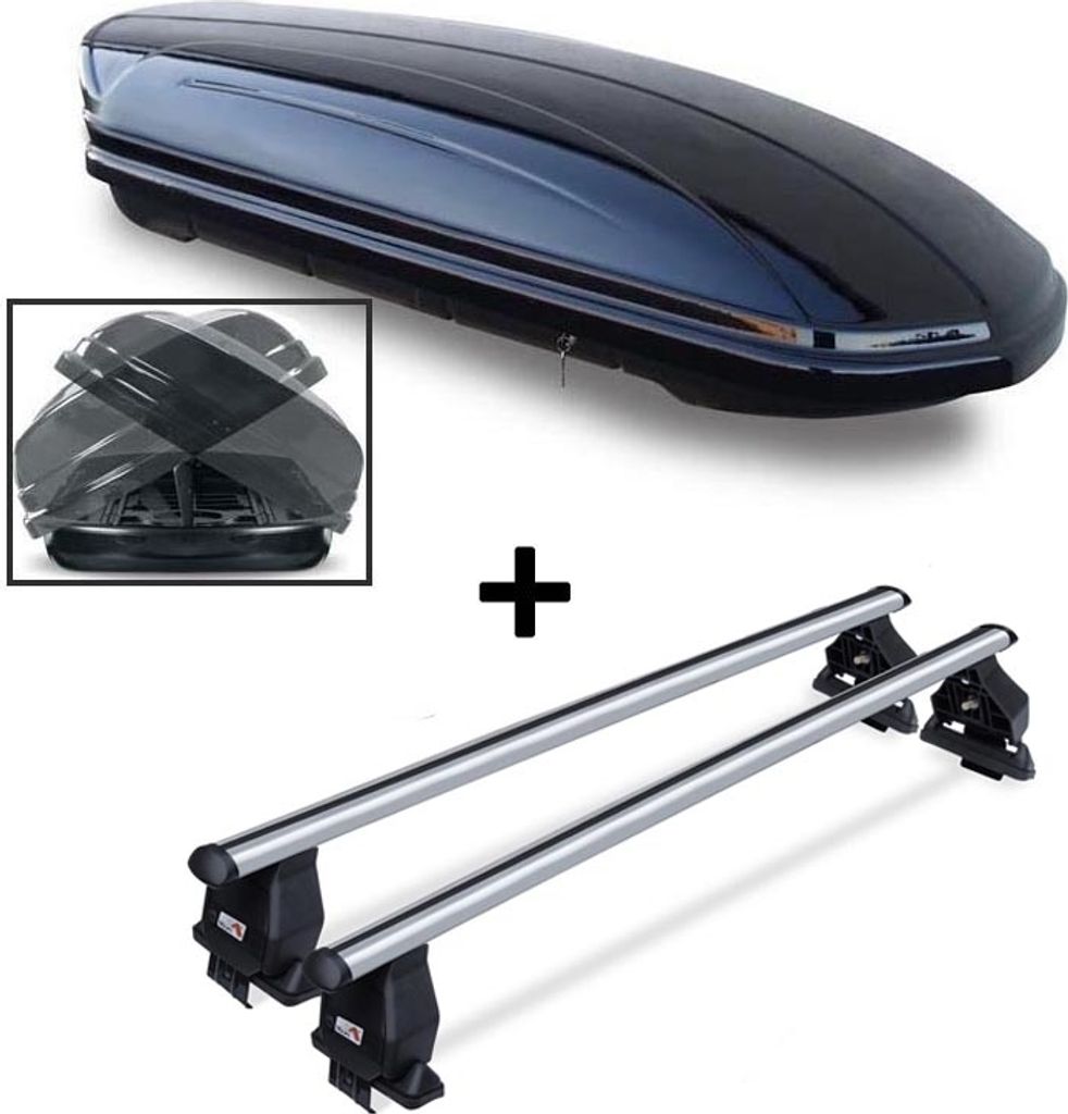 Dachbox VDPMAA580 Duo beidseitig aufklappbar abschließbar 580 Ltr + Dachträger Menabo Tema kompatibel mit für BMW X3 ohne Reling 2010-2014 Alumi...