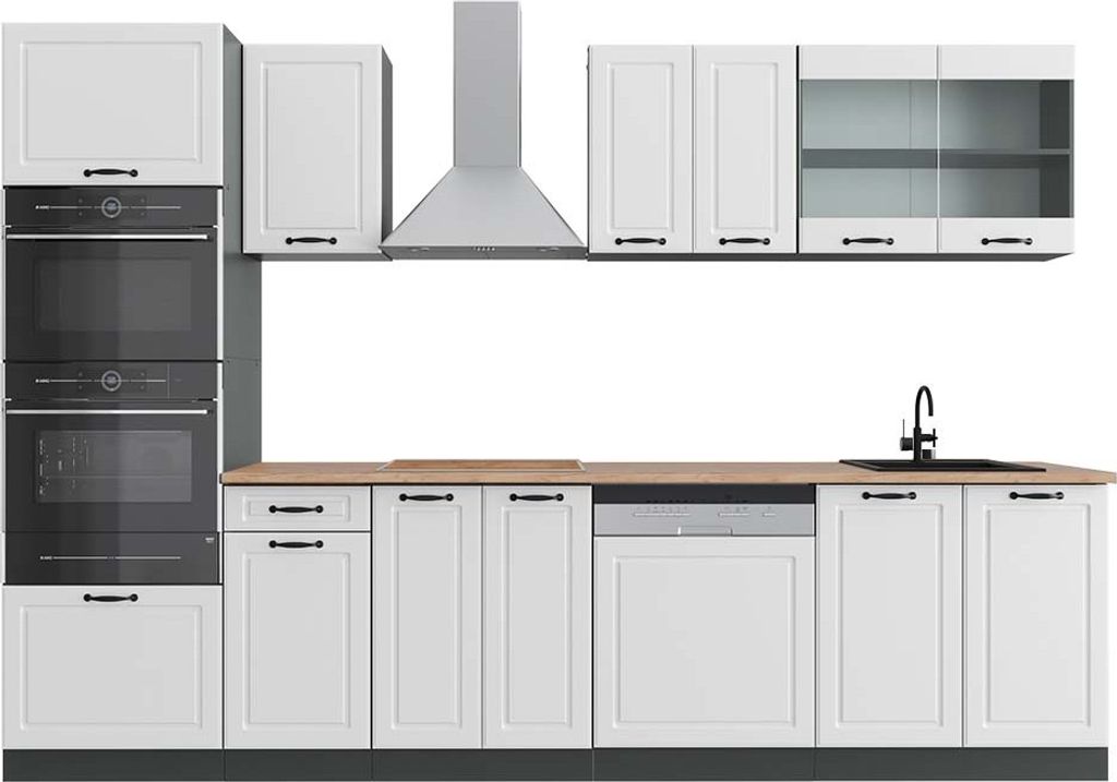 Küchenzeile Vicco R-Line Weiß Landhaus 300 cm mit Hochschrank, AP Eiche, Model 43156