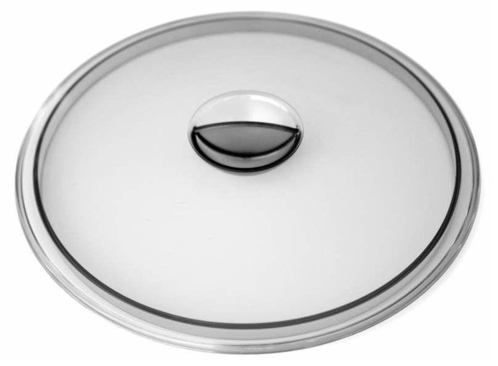 A close-up, top-down view of a round glass lid with a metal rim and a gray handle in the center.