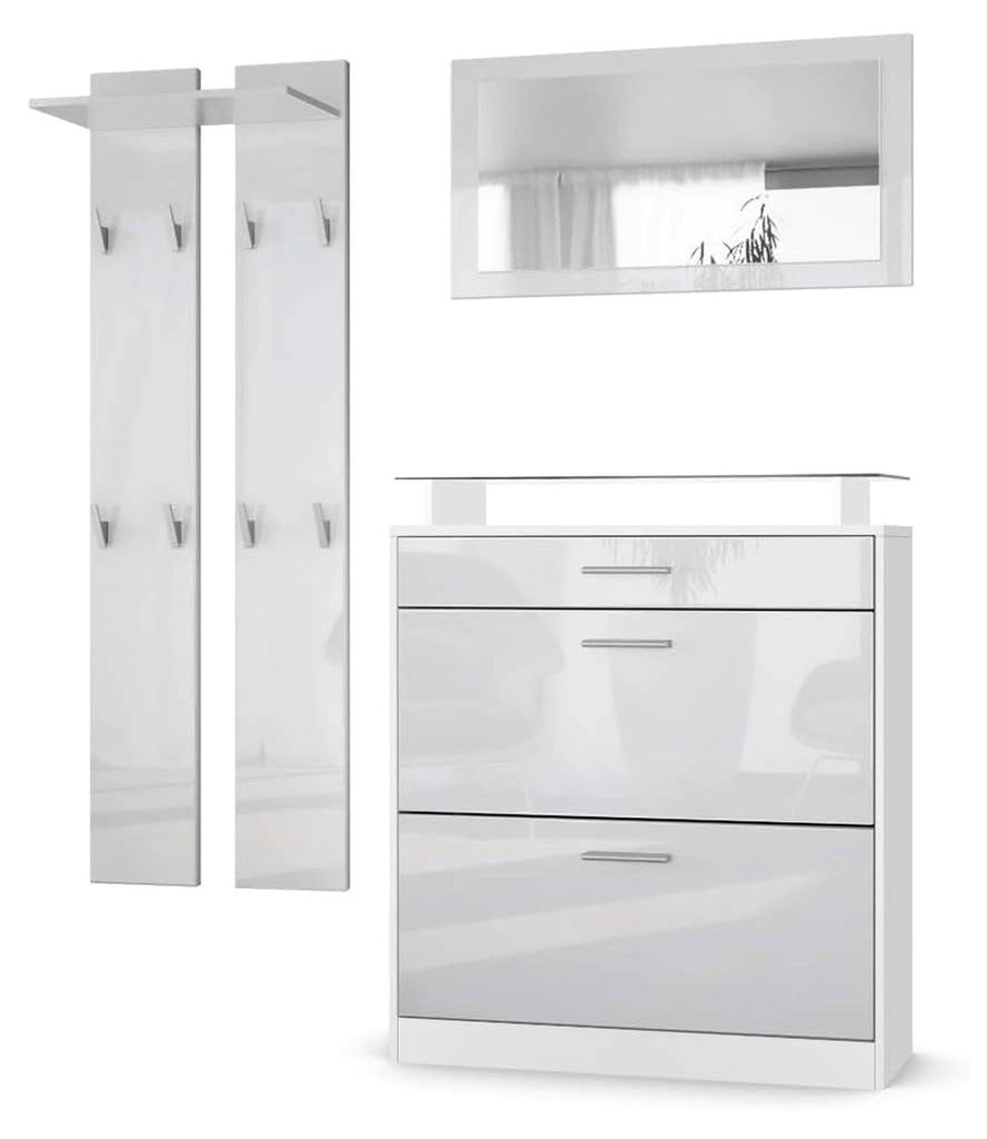 Garderobe Loret mini, Garderobenset mit 1 Schuhschrank, 1 Wandspiegel und 2 Garderobenpaneelen, Weiß matt/Weiß Hochglanz