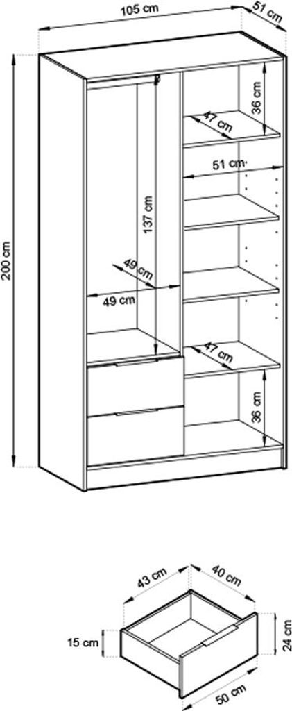 Schlafzimmer Kleiderschrank mit Spiegel, 105 cm Breite, in Graphit mit Eiche, Akustikpaneel-Optik, 2-türig - NAMUR-160