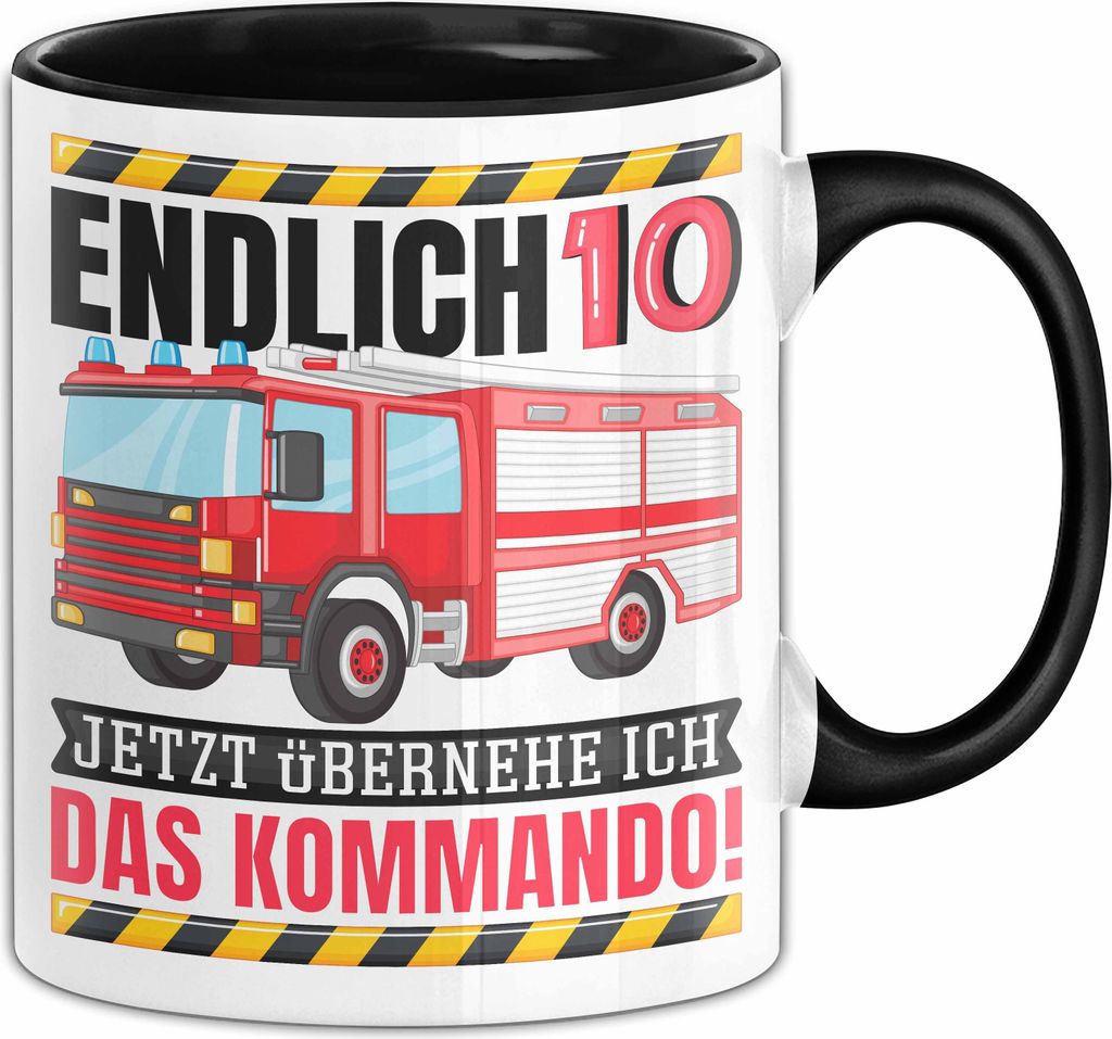 10. Geburtstag Geschenk Tasse Becher Feuerwehr Fan Jungs Jetzt Übernehme Ich Das Kommando Endlich 10 (Schwarz)