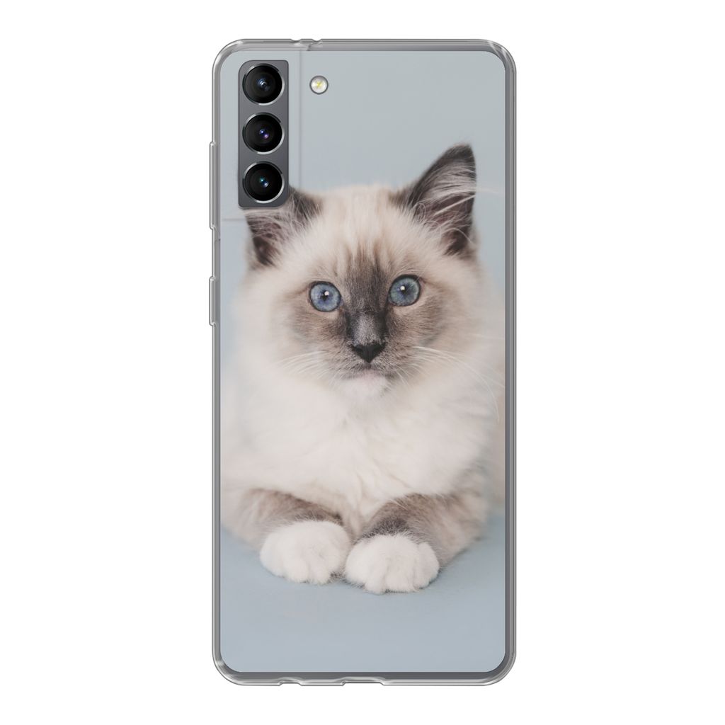 MuchoWow Handyhülle Schutzhülle Hülle für Samsung Galaxy S21 Plus Katze - Ragdoll Katze - Blau - Mädchen - Kinder - Jungen - Kind Silikon So...