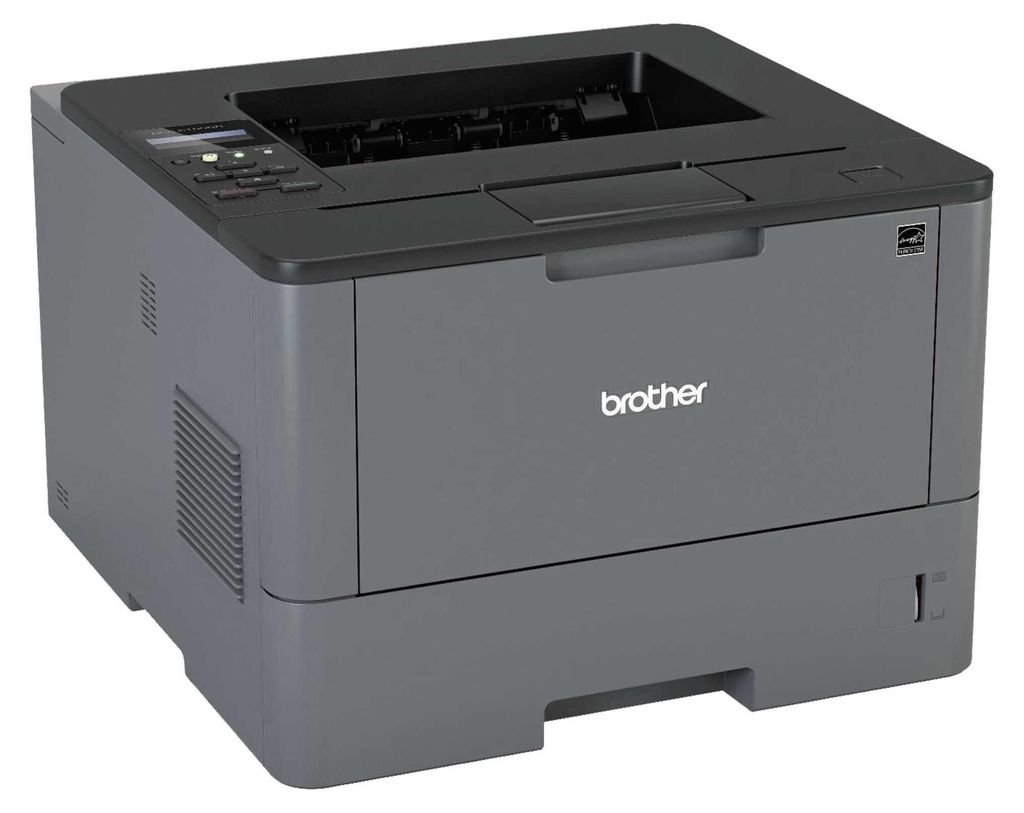 A gray Brother laser printer is shown from a slightly elevated front-left angle against a light gray background.