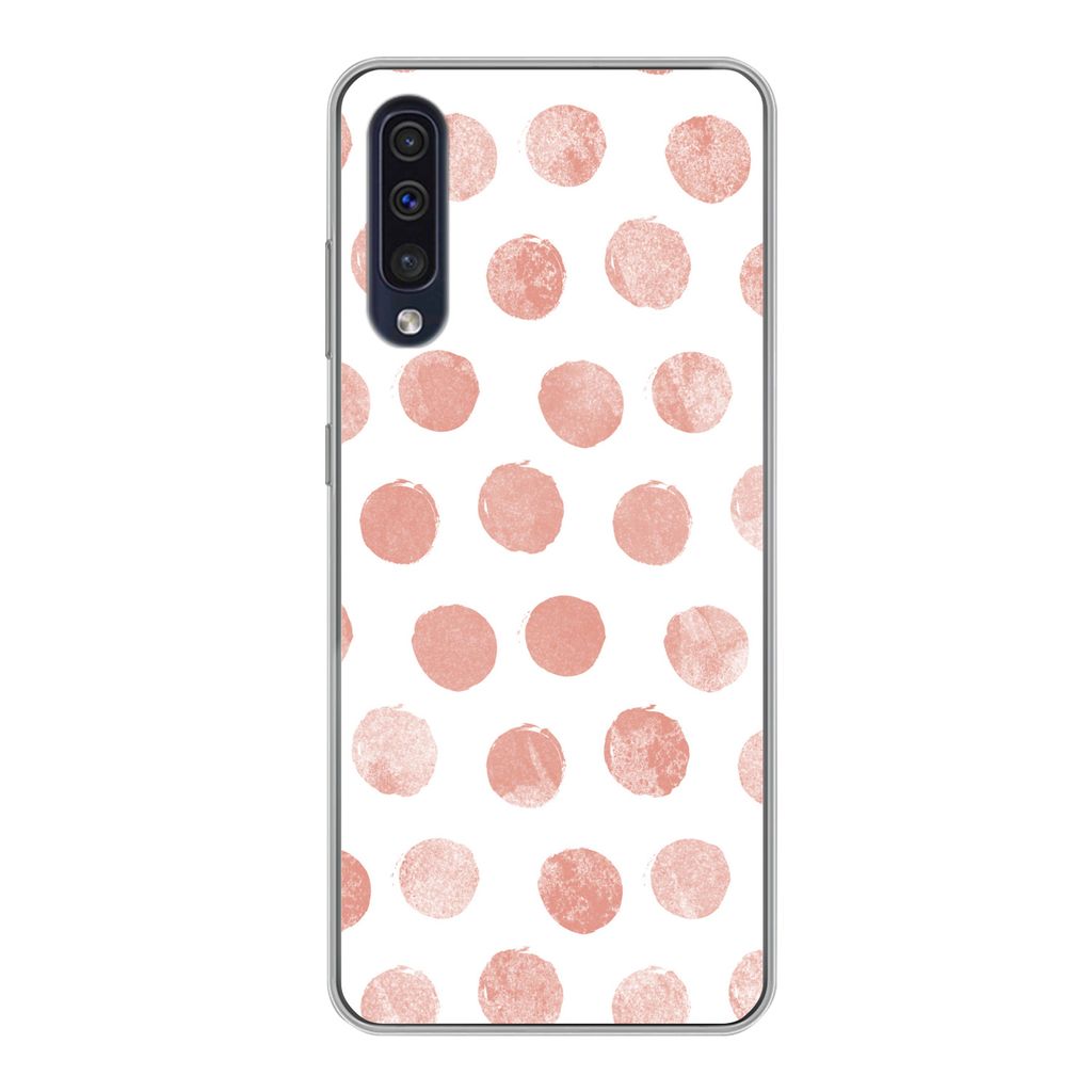MuchoWow Handyhülle Schutzhülle Hülle für Samsung Galaxy A30s Polka dots - Rosa - Weiß Silikon Softcase Handy Hülle - Karteninhaber