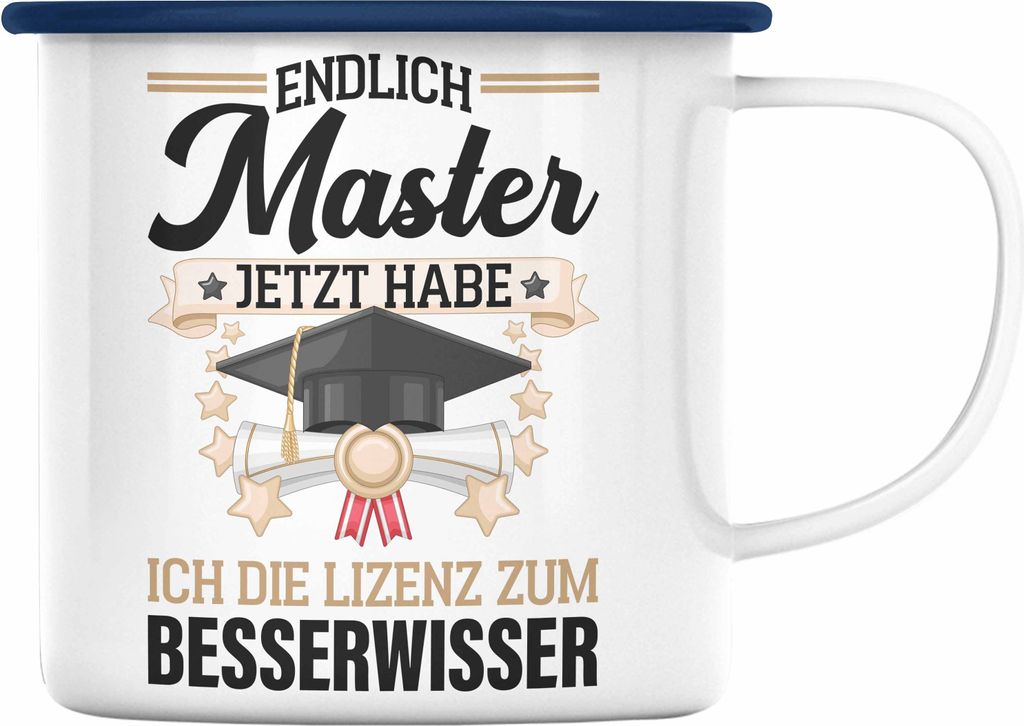 Trendation - Master Abschluss Geschenk Emaille Tasse Bestanden Studium Prüfung Graduation - Lizenz zum Besserwissser (Blau)