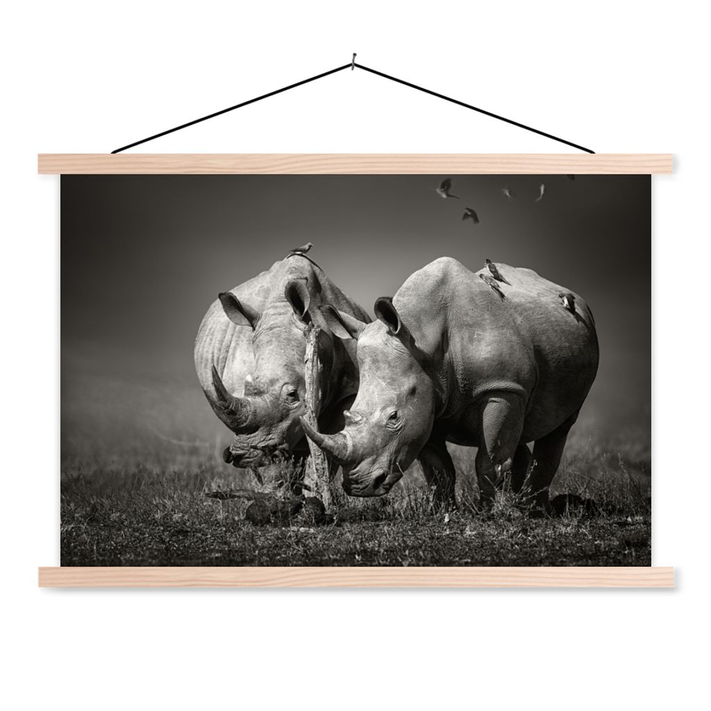 MuchoWow Textilposter Nashorn - Vogel - Tiere - Landschaft - Schwarz und weiß 60x40 cm mit holzfarbenen Rahmen - Bilder
