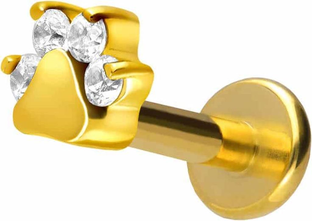 Ohrpiercing, Nasenpiercing Titan Labret mit Innengewinde KRISTALLPFOTE Gold Stablänge: 10mm | Stabstärke: 1,6mm
