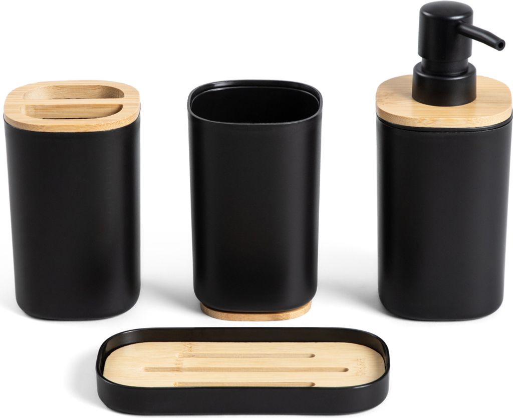 HOMLA Badezimmerset TULA Schwarz mit Bambus 4er-Set Produktbild 