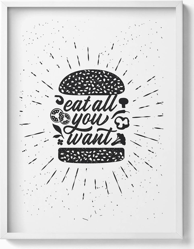 Eat all you want - Schriftzug für die Küche– Wandbild mit Rahmen – Gerahmtes Bild – Wanddekoration – 60x80 cm – Weiß Rahmen