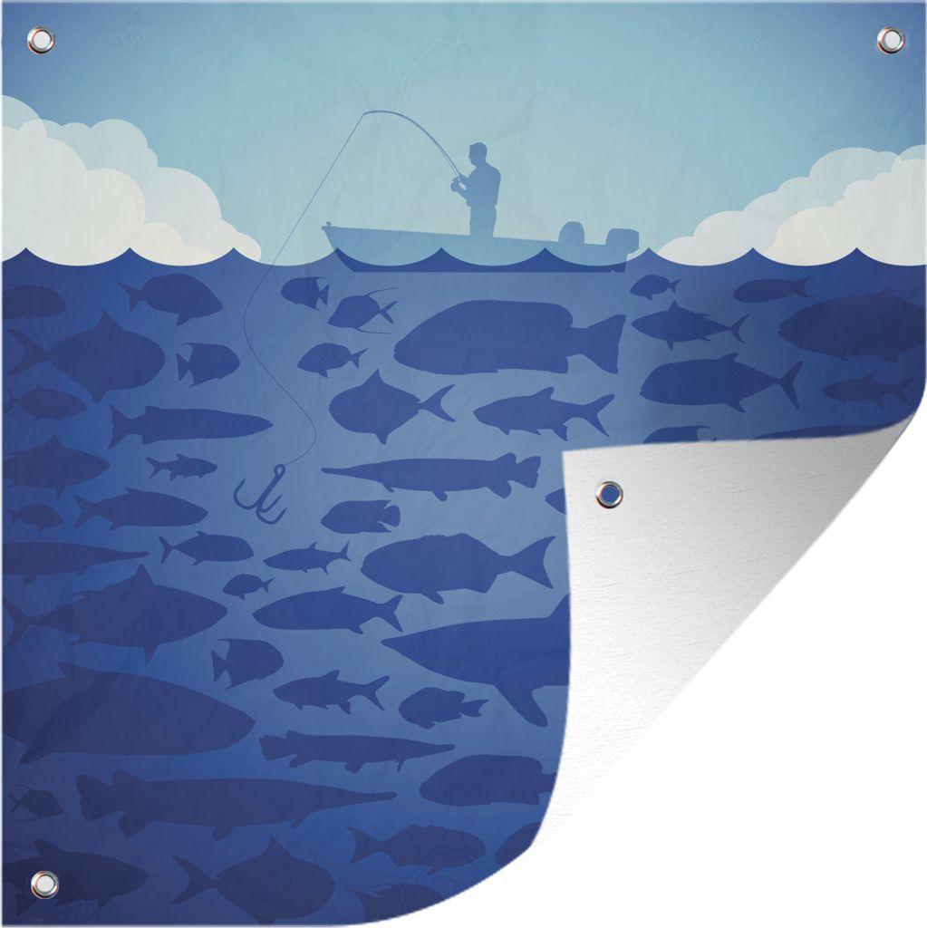 MuchoWow 100x100 cm Outdoor-Poster Gartendeko Sichtschutz Garten Poster für den Garten Illustration eines Mannes beim Fischen