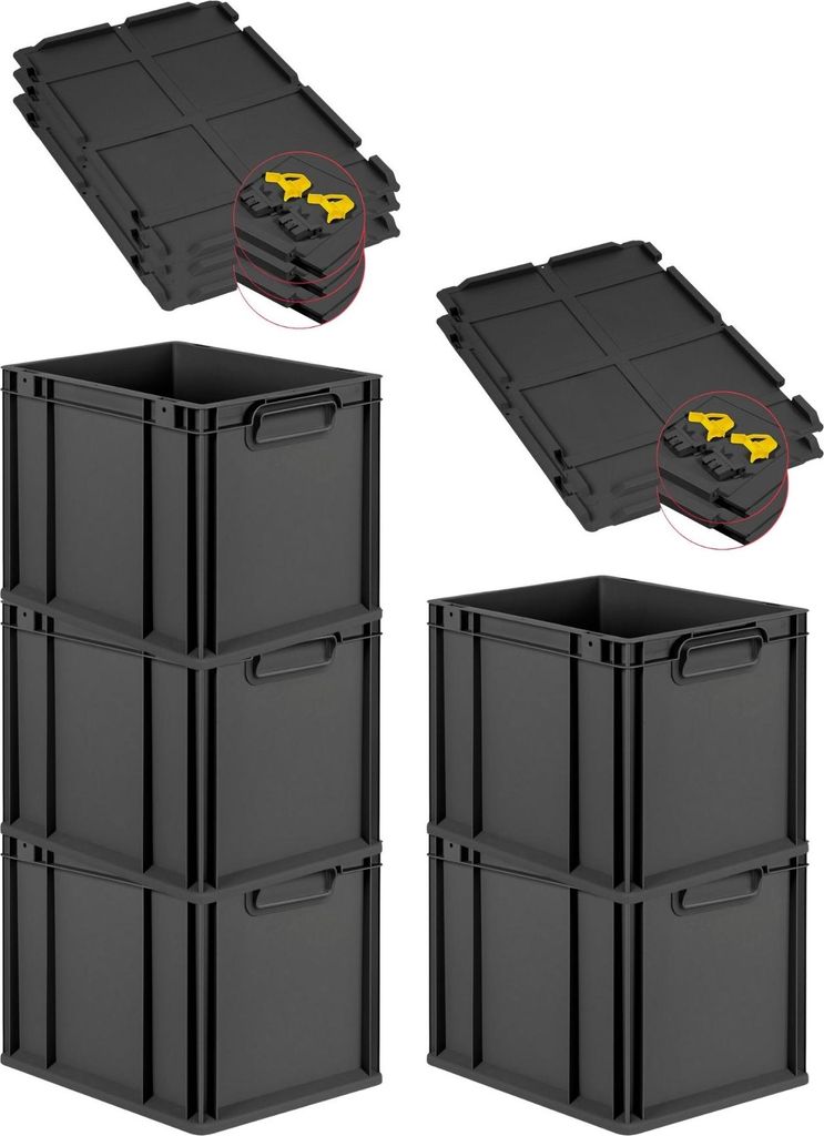 SuperSparSet 5x Eurobox NextGen Grip mit Scharnierdeckel und gelben Schiebeschnappverschlüssen | HxBxT 32x30x40cm | 30 Liter | Schwarz | Griffe ge...