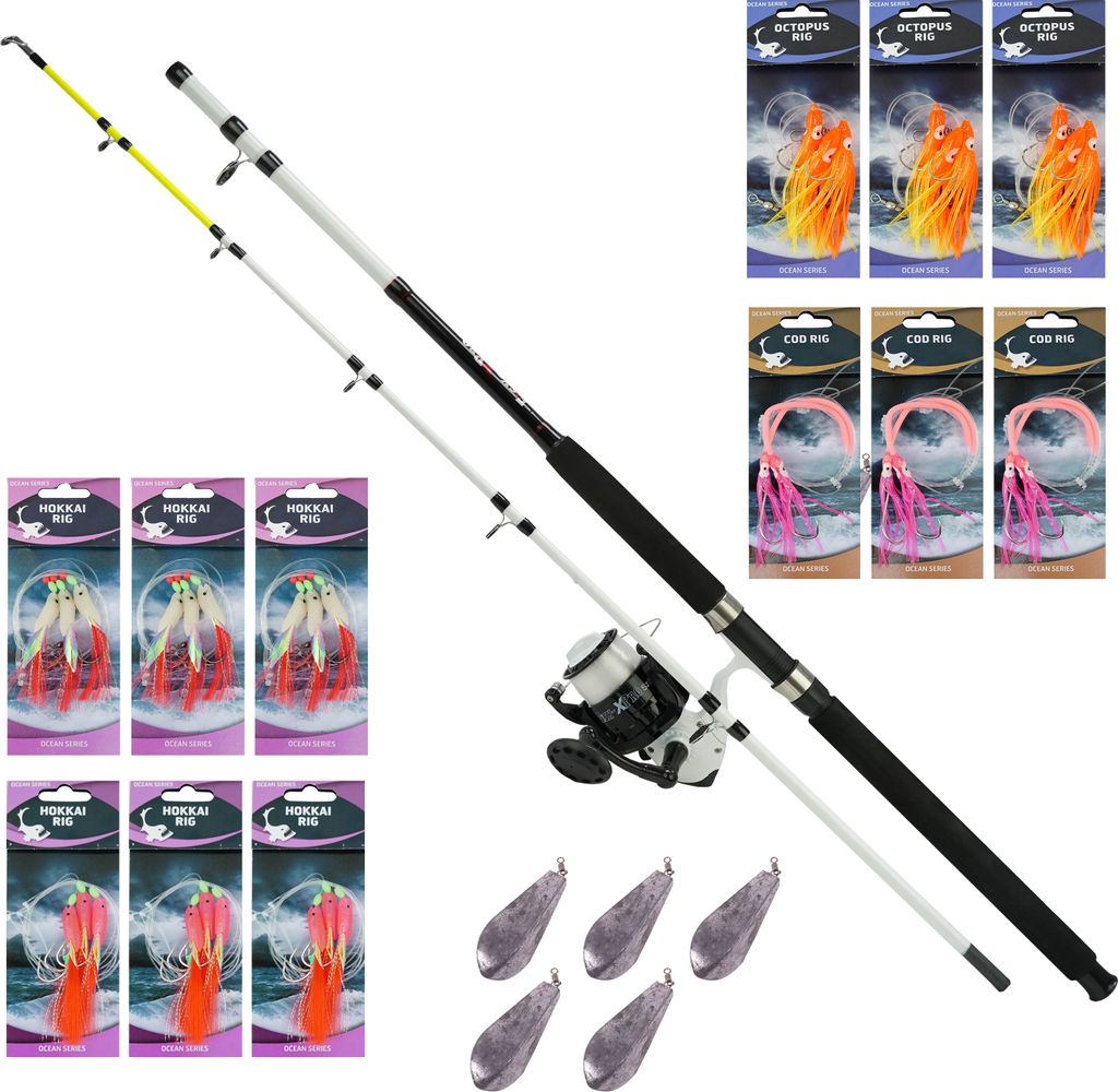 FISH-XPRO Nordsee-Bootsangelset komplett – Bootsrute mit Meeresrolle – Vorfächer – Wrackblei – 19-teilig