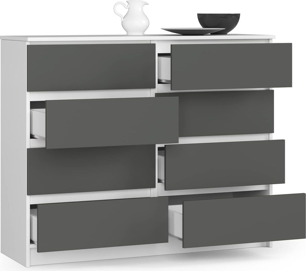 A white dresser with gray drawers, some of which are open, on a white background.