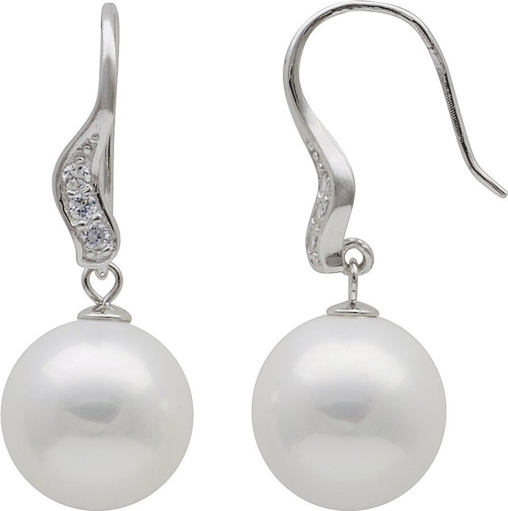 Ohrringe Ohrhänger mit großen Perlen Muschelkernperlen & Zirkonia weiß 925 Silber Damen