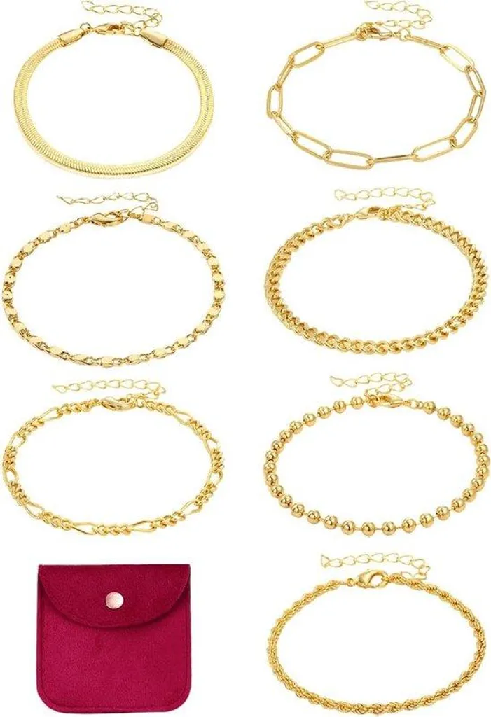 Bracelets dorés réglables lot de 7 pièces, bijoux femme en métal brillant