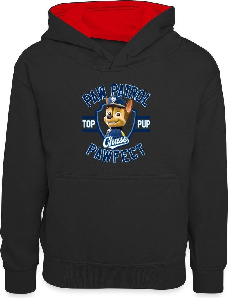 Spreadshirt Paw Patrol Chase Pawfect Kinder Kontrast-Hoodie, XS (3/4 years), Schwarz/Rot