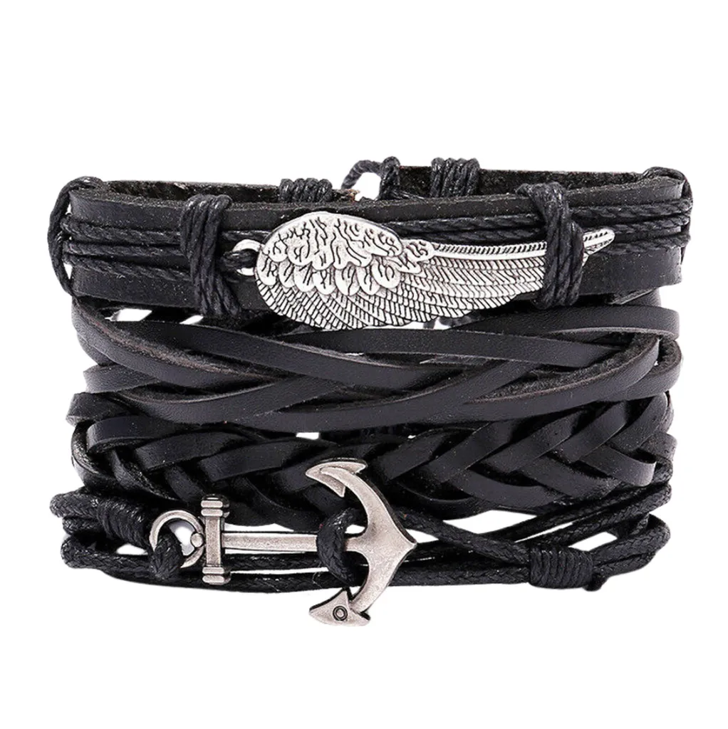 Set Camerazar Braccialetti Pelle Nera con Ali - Idea Regalo Unisex