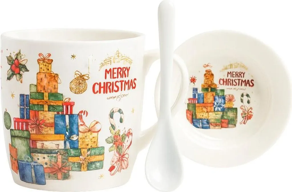Mug festif 400 ml en coffret avec cuillère et soucoupe design KB17WZ2