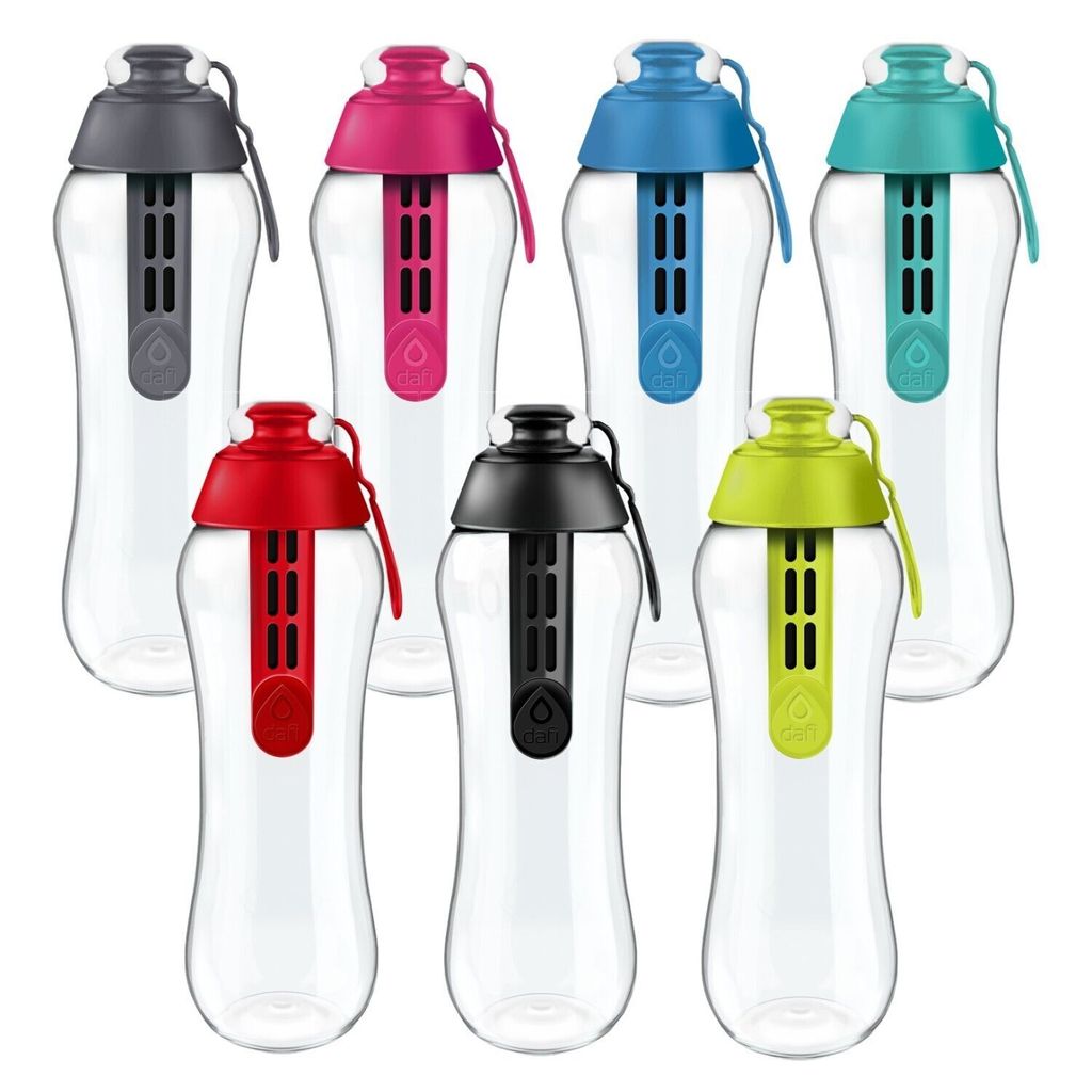A collection of Dafi water filter bottles in various colors, arranged in two rows.