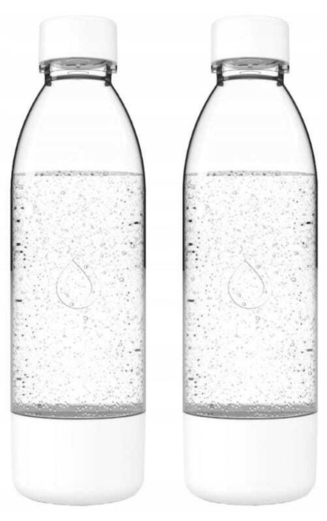 Two clear plastic bottles with white caps and bases, filled with sparkling water.