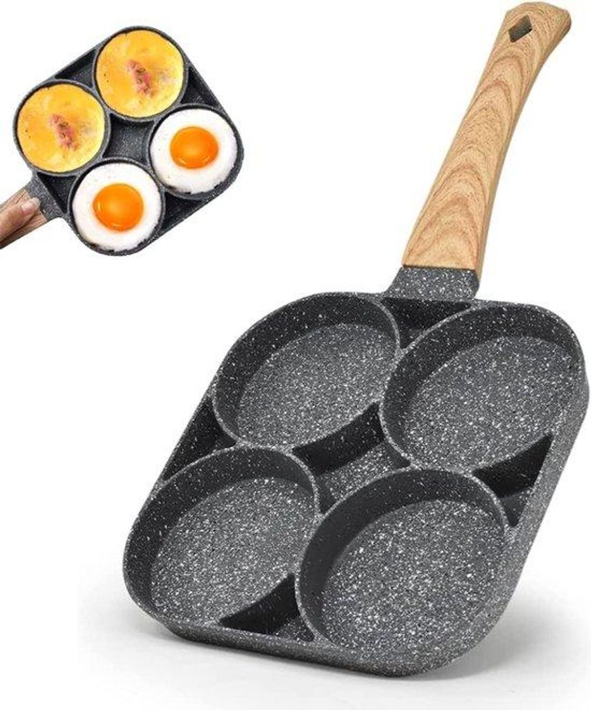 Omeletpan aus Holz, 4-Gang-Pfannen mit Antihaftbeschichtung, Hamburger-Pfanne mit Holzgriff, Pfannen für Frühstückspfannkuchen, für Induktionsh...