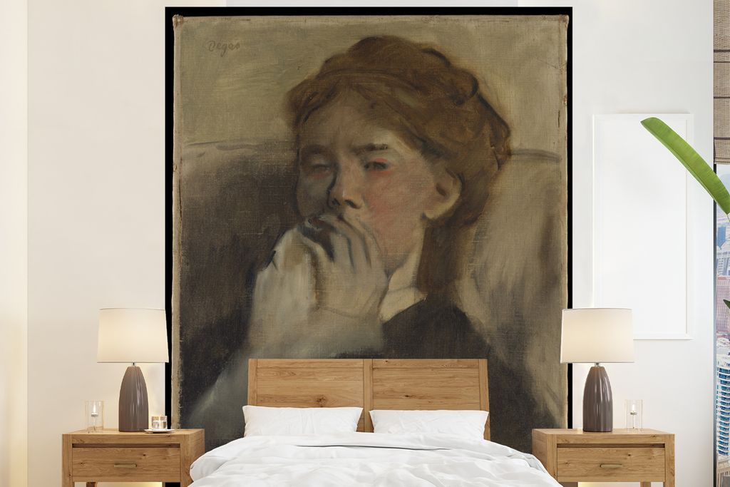 MuchoWow Fototapete für Wohnzimmer oder Schlafzimmer Wandtapete Vinyl Motivtapete Junge Frau mit der Hand vor dem Mund - Gemälde von Edgar Dega...