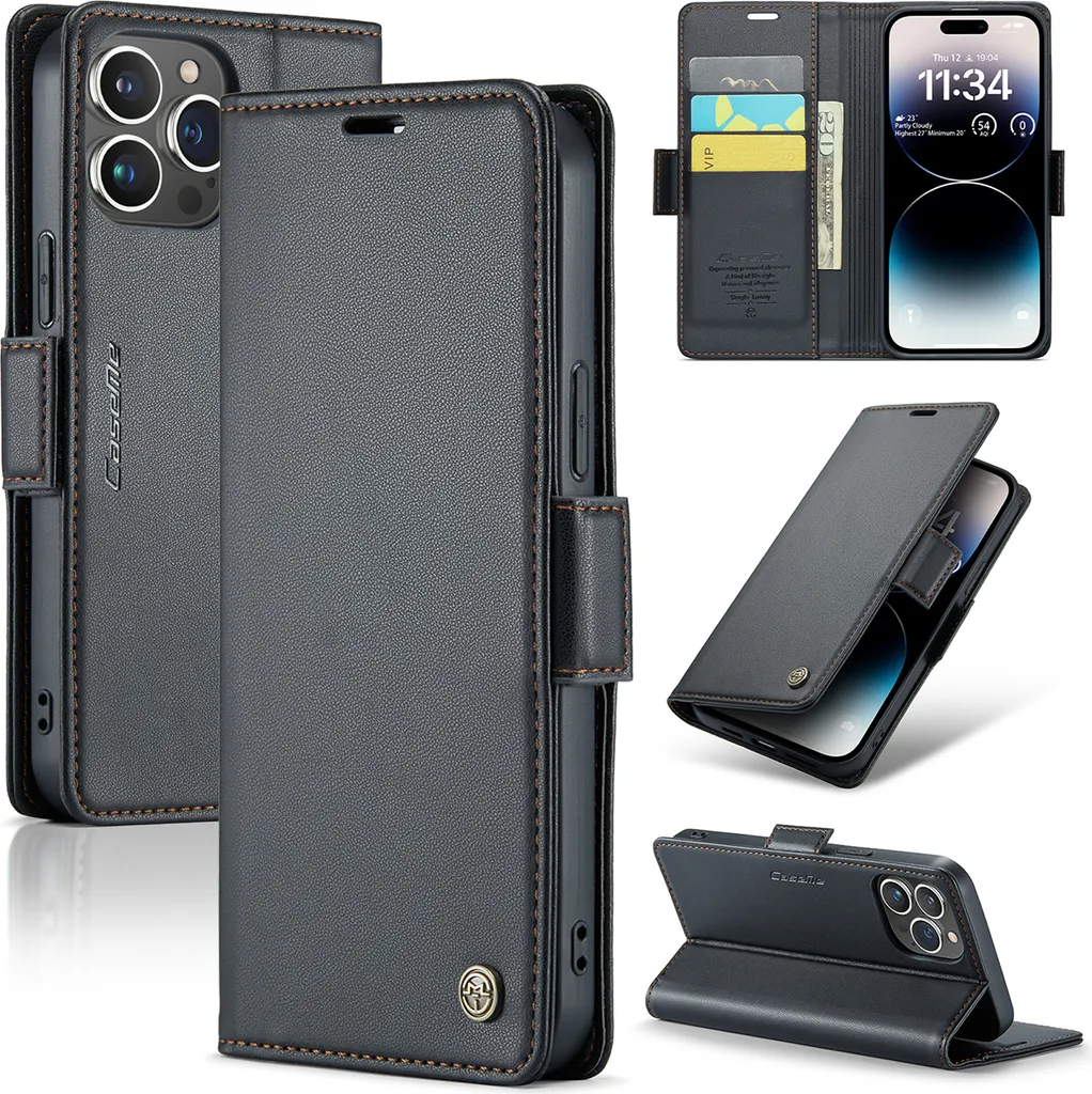 Custodia a Libro iPhone 14 Pro Pelle Nera: Il Tuo Kit da Viaggio - 1