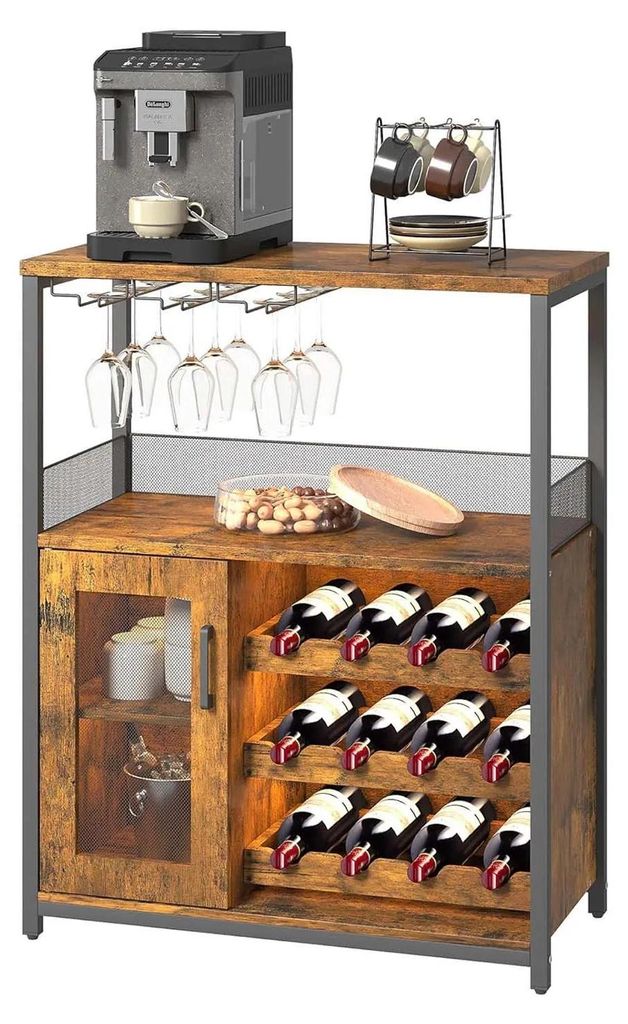 Rustikaler Weinschrank - Bar-/Sideboard - LED-Beleuchtung - Herausnehmbares Weinregal - Zusätzlicher Stauraum - Industrial-Stil in Antik-Optik - B...