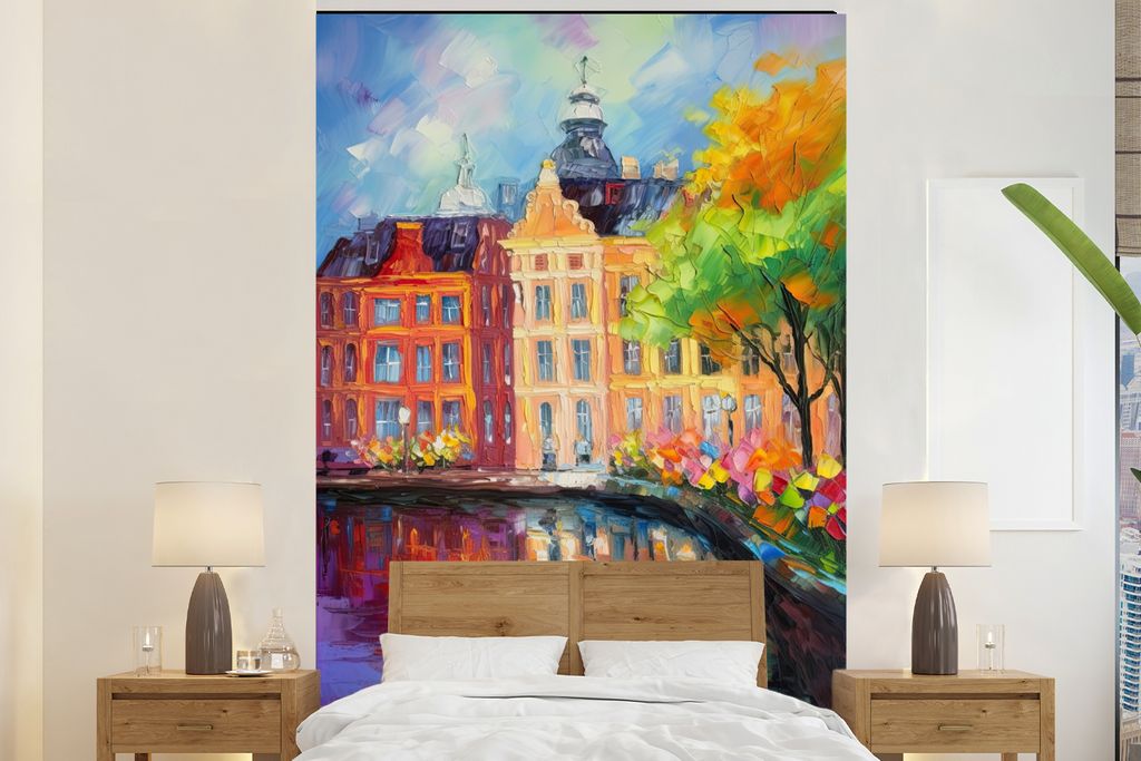 MuchoWow Fototapete für Wohnzimmer oder Schlafzimmer Wandtapete Vinyl Motivtapete Ölgemälde - Amsterdam - Kunst - Farbenfroh - 195x300 cm - Da...