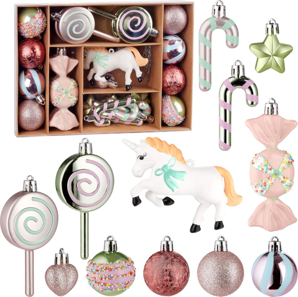 BRUBAKER 24-tlg. Einhorn Christbaumschmuck - Süße Weihnachtskugel mit Lollis, Süßigkeiten, Bonbons, Zuckerstangen und bunte Kugeln - Baumschmuck