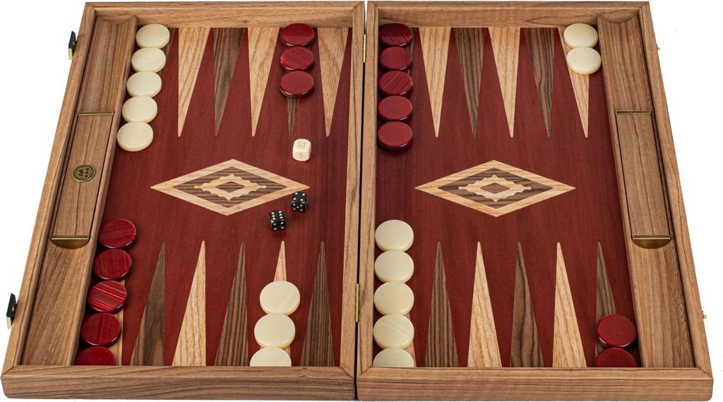 Manopoulos Premium Backgammon Set – Schwarzeiche & Amerikanischer Nussbaum – Perlmutt-Design (48x30 cm)