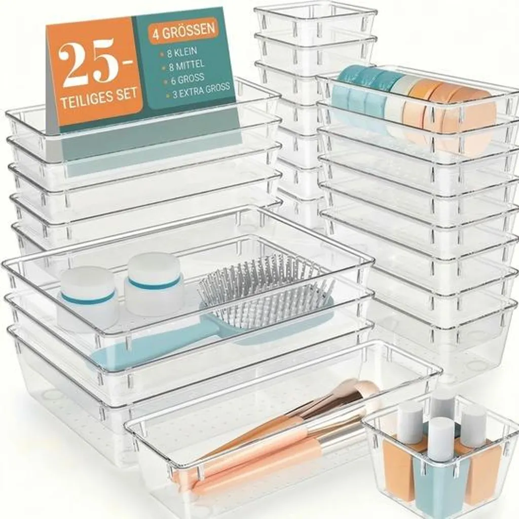 Bacs de rangement transparents empilables pour tiroir - Set de 25